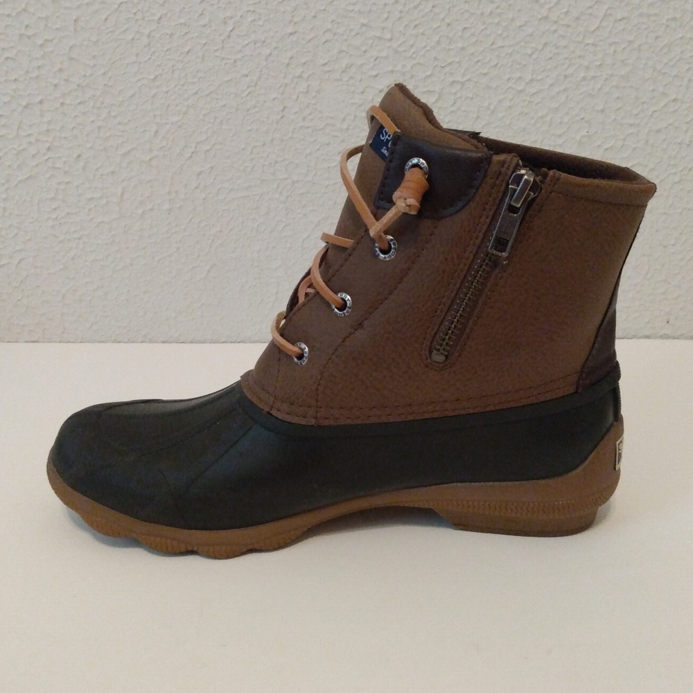 Sperry WO's  Tan Faux Leather Rubber Zip Lace Up Waterproof Ankle Boots sz 7.5